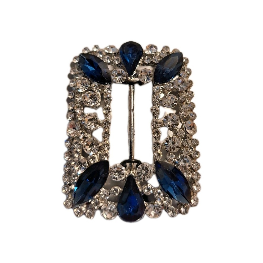 NWT Metal Gallery Sash Brooch Blue & Clear Faceted Rhinestones Fancy